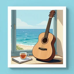 a guitar sitting on a windowsill next to a notebook and cup of tea, ocean view, woodcut with white boarder, trending on artstation