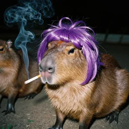 3 5 mm film photo of capybara smoking a cigarette wearing a purple wig