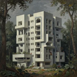 a painting of a building in the middle of a forest, a detailed matte painting, brutalism, dystopian art, rough, unfinished surfaces, unusual shapes, straight lines, greeble, oil paint, insanely detailed and intricate, hypermaximalist, elegant, ornate, hyper realistic by eugene von guerard, peter gric, francisco goya, caravaggio