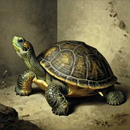 uncanny valley turtle, low resolution, in the style of Goya
