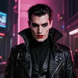synthwave! male vampire king, red lipstick, portrait 4 k hyper realistic 8 k path traced cinematic dystopian artstation trending by noriyoshi ohrai, greg rutkowski and patrick woodroffe