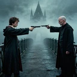 harry potter and voldemort pointing guns!!! at each other on a bridge with mist, moody lighting, dark, expressive, realistic, 4 k, realism, distance!!!, far away