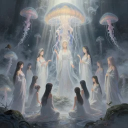 A painting of priestesses worshipping at the jellyfish temple, shrouded in mist, 8K, illustration, art by artgerm and Makoto Shinkai and Hitoshi Ashinano, lightrays, smoke, cinematic, atmospheric, insanely detailed and intricate, hypermaximalist, elegant, super detailed, award-winning