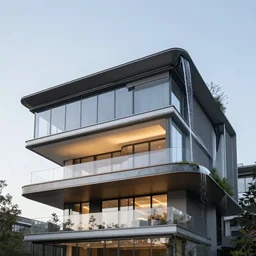 overall architectural design, two storey glassy residential, small waterfall decoration from the right top corner of the residential, island, cinematic lighting, high details, realistic, manimalist ， view from below, daytime