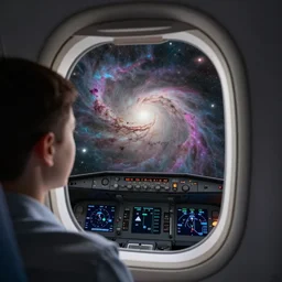 Looking out of the window in a Boeing 747 cockpit, looking out at a nebula