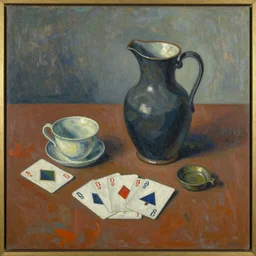 a painting by ben nicholson in the style of ivon hitchens, table still life with cards. jug
