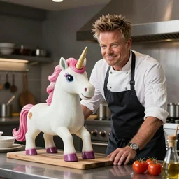 Gordon Ramsey cooking a unicorn in a intricate kitchen 4k