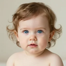 a photograph of a cute one year old girl with wavy curly light brown hair and blue eyes.