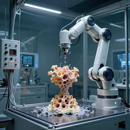 a complex thick bifurcated robotic cnc surgical arm cybernetic symbiosis hybrid mri 3 d printer machine making some organic ceramic fractal forms in a glass living room laboratory room with control panels, glass data cables, broken open hive mind, knobs, camera lens orbs, dramatic 3 point lighting, highly detailed larval stage, from the movie stargate,
