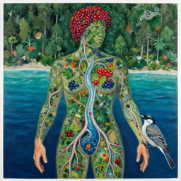 human with the sea and the forest inside, veins diverge through the body like rivers filmed on a satellite, a person is decorated with wild berries, a beautiful bird is looking at him next, analytical art, art brut, colorful picture