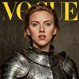 engraving portrait of scarlet johansson on vogue magazine cover, in medieval armoury by gustave dore