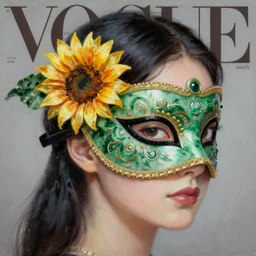 masquerade ball mask, korean audrey hepburn, vogue magazine, elle magazine, greg rutkowski, john singer sargent, trending on artstation, anime, oil painting, side profile portrait, looking right, jade emerald sunflower mandala, intricate