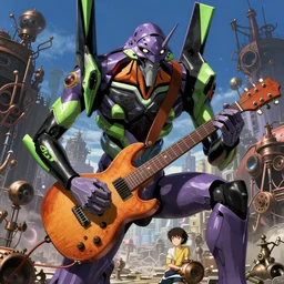movie poster of huge mecha plays a guitar, in the style of < neon genesis evangelion >, 3 d anime, arcane style, retropunk, steampunk, high resolution, 4 k, retrofuturism, by yoshiyuki sadamoto and ghibli and < simon stalenhag >