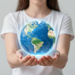 woman holding the planet earth in her hands, glowing