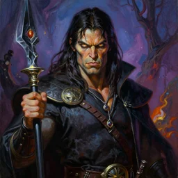 a vibrant portrait painting of conan as a evil necromancer with piercing eyes in dark fantasy setting, dying earth, darksun, art by frank frazetta, artgerm, michael whelan, chris riddell, greg rutkowski