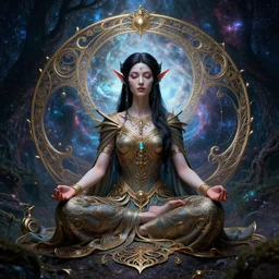 female elf with black hair dress meditating in a nebula forest by greg rutkowski, high key lighting, volumetric light, digital art, highly detailed, fine detail, intricate, ornate, complex, octane render, unreal engine, photorealistic digital painting, artstation, concept art, sharp focus, art by greg rutkowski and alphonse mucha