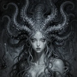 a woman with tentacles on her head, an ultrafine detailed painting by ayami kojima, cgsociety, fantasy art, lovecraftian, cosmic horror, detailed painting