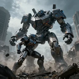 vfx film upward angle, wide angle, futuristic giant powerful sci - fi war mech fight, brawl, knockout punch, haymaker impact, shatter, emerging from smoke and debris in war zone, crumbling buildings, titanfall irl, mechwarrior, hawken, pacific rim, flat color profile low - key lighting award winning photography arri alexa cinematography, hyper real photorealistic cinematic, atmospheric cool