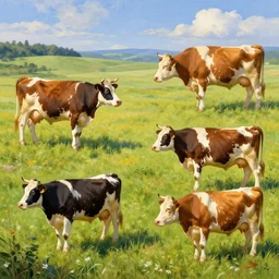 highly detailed photo of multiple cows floating above a beautiful meadow, scenic colorful environment, hyperrealistic illustration by william didier - pouget and norman rockwell