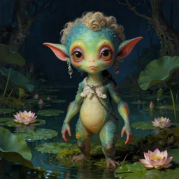 a close - up rococo portrait of an colorful alien elf - like creature with whimsical features standing in water, lily pads, lotus flowers, moss, and swamp. night time. rich colors, high contast. highly detailed 1 8 th century sci - fi fantasy masterpiece by jean - honore fragonard, moebius, and johfra bosschart. artstation
