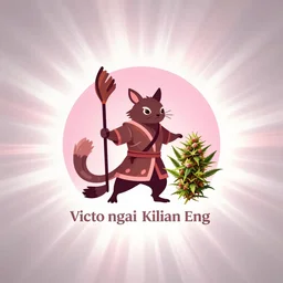 minimalist logo icon of a mongol warrior skunk, genghis khan skunk, and a beautiful cannabis weed bud, victo ngai, kilian eng, pink and white color scheme artstation