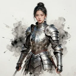 close splatter ink mural of a beautiful young warrior in armor, with a dirty face, dramatic, chaotic, energetic, black and white, by hua tunan