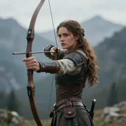 cinematic portrait of a female archer in medieval outfit by miranda meeks, highly detailed, perfect features, in a mountain, mysterious, digital art, sharp focus, illustration, concept art, trending on artstation, romanticism, dnd