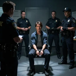 tom cruise handcuffed to a chair, interrogated in a dimly lit room, police officers stand before tom, lie detector test, dynamic lighting,