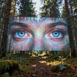 bright nordic forest, sparkling spirits, detailed wide shot, hologram, ground detailed, wet eyes reflecting into eyes reflecting into infinity, beautiful lighting