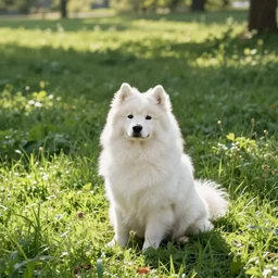 a samoyed dog sitting in the middle of sunny meadow, by Shinichiro Watanabe