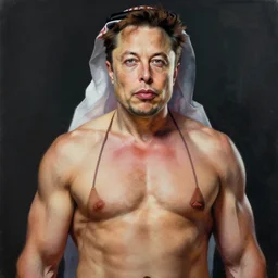 a highly detailed painting of arab elon musk with muscles in a bikini, digital art, muscular, 8 k resolution, very beautiful face, pretty face, very detailed eyes, by greg rutkowski, wlop