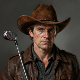 portrait painting [ woody harrelson ] from zombieland with a cowboy hat and bloody golf club, ultra realistic, concept art, intricate details, eerie, highly detailed, photorealistic, octane render, 8 k, unreal engine. art by artgerm and greg rutkowski and alphonse mucha