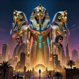 concept art, retro - futurist steampunk 3 0 s cairo, towering cityscape, imperious gods, artstation, dramatic neon lighting, glowing pharaonic motifs, bladerunner, by gerald brom, james jean, syd mead, akihiko yoshida, cinematic