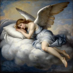 an angel asleep on cloud bed medieval painting ultra realistic fine detail