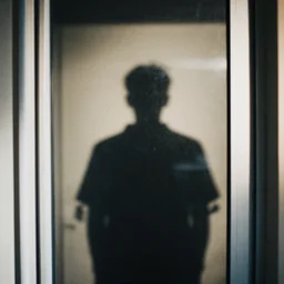 silhouette of an unknown shadow figure on a door through a closed glass door