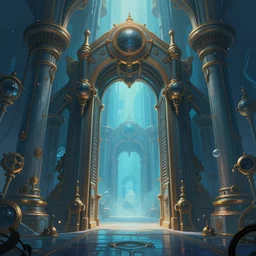 smooth, dream, artstation, surreal, steampunk gate to another dimension ， night, epic, symmetric!! vanishing point, digital painting, warm top light ， concept art by raphael lacoste ， artgerm and john berkey, aqua blue, illustration, huge ， highly detailed,, sharp focus, octane render, artstation, smooth