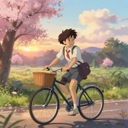 cottagecore illustration of a student cycling to school on a peaceful morning, studio Ghibli, Pixar and Disney animation, sharp, Rendered in Unreal Engine 5, anime key art by Greg Rutkowski, Bloom, dramatic lighting from Makoto Shinkai, sunrise
