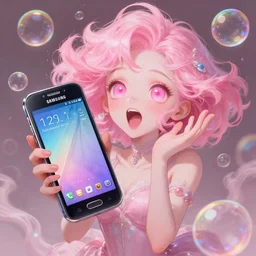 man gets samsung galaxy s 2 2, dreamy and ethereal, expressive pose, big pink eyes, exciting expression, fantasy, intricate, elegant, many rainbow bubbles, rose tones, highly detailed, digital painting, artstation, concept art, cyberpunk wearing, smooth, sharp focus, illustration, art by artgerm and greg rutkowskiand alphonse mucha