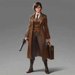 artstation, concept art, style kim jung gi, female, human, brown suit vest, longcoat, glasses, short hair, front view, highly detailed, digital art, boy hair, gun, briefcase