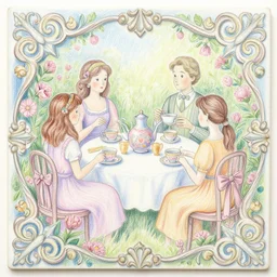 an absurdly-detailed tea party in the flower garden colored-pencil drawing as a fancy square tile. pastel palette