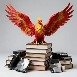 a phoenix with open wings sitting on a pile of books, hard drives and floppt disks