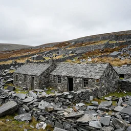 photograph of a beautiful ancient abandoned miners'cottages in a derelict, slate quarry in snowdonia, north wales