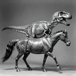 t rex and a horse wearing legs, movement, strange, [ metal ], black and white photograph, 1 8 5 0 s