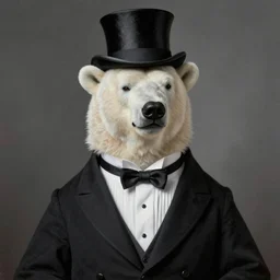 a polar bear dressed with a tuxedo and a top hat, with a smirk and snobby disapproving look. by william adolphe bouguereau. extremely detailed. beautiful. daguerrotype