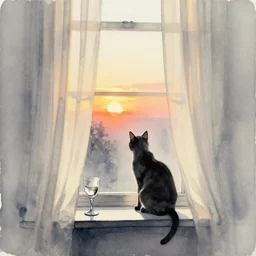 abstract ink and watercolor painting of sunset sunlight through curtain window, a cat sits on the window sill, silverware and glass, cinematic light, national romanticism by hans dahl, by jesper ejsing, by anders zorn, concept art, sharp focus, illustration, art by artgerm and greg rutkowski and magali villeneuve