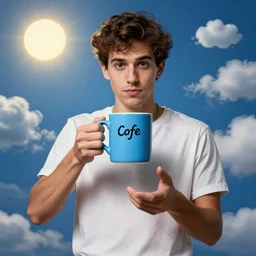portrait of a ( ( ( una taza de cafe grande y azul ) ) ), ( ( guapo joven caliente espanol barista macho ) ), nubes y magia, el sol, concept character, model hands, by greg rutowski and tezuka and oi and mucha and bierstadt and remington, trending on artstation