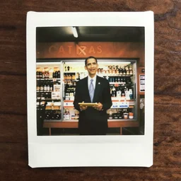 a polaroid photo of obama in an old convenience store ( 1 9 4 3 )