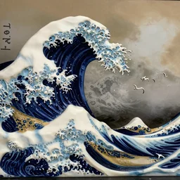 a d&d miniature of a marble statue of The Great Wave off Kanagawa, 3D, sculpture
