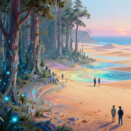 highly detailed holographic iridescent sci fi world with forests, blue fireflies, deserts, oceans, at dusk, by gilbert williams, by simon stalenhag, by beeple, by bruce pennington, by moebius, juxtapoz, dynamic composition, octane render, with many different pastel shades of blue pink orange yellow green, beautiful lighting, prismatic