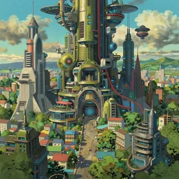 colourful futuristic city in the style of studio ghibli, beautiful, technology, hyperdetailed, dystopian
